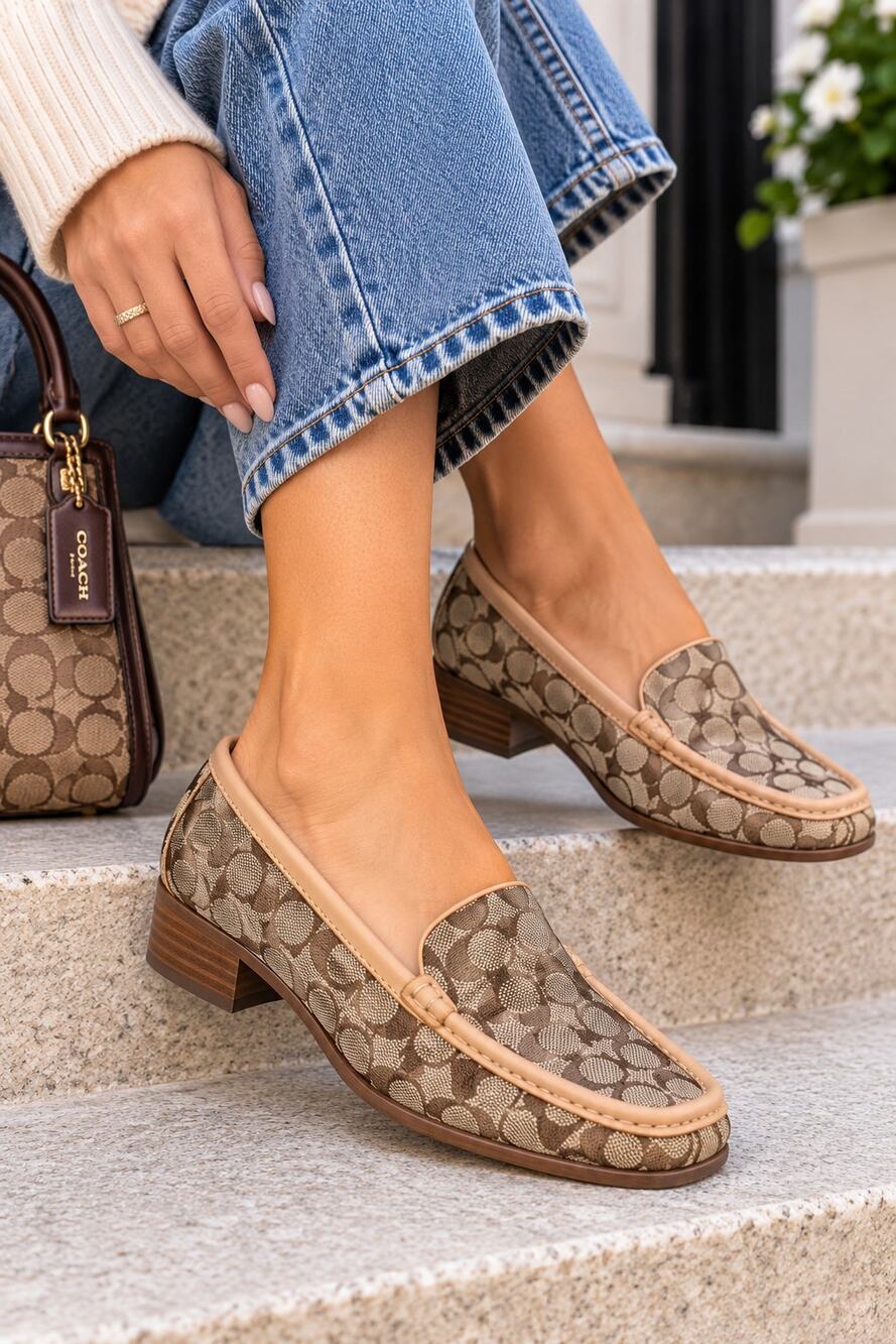 Coach Signature C Jacquard Loafers Tan Leather Trim Made in Italy Vintage 7